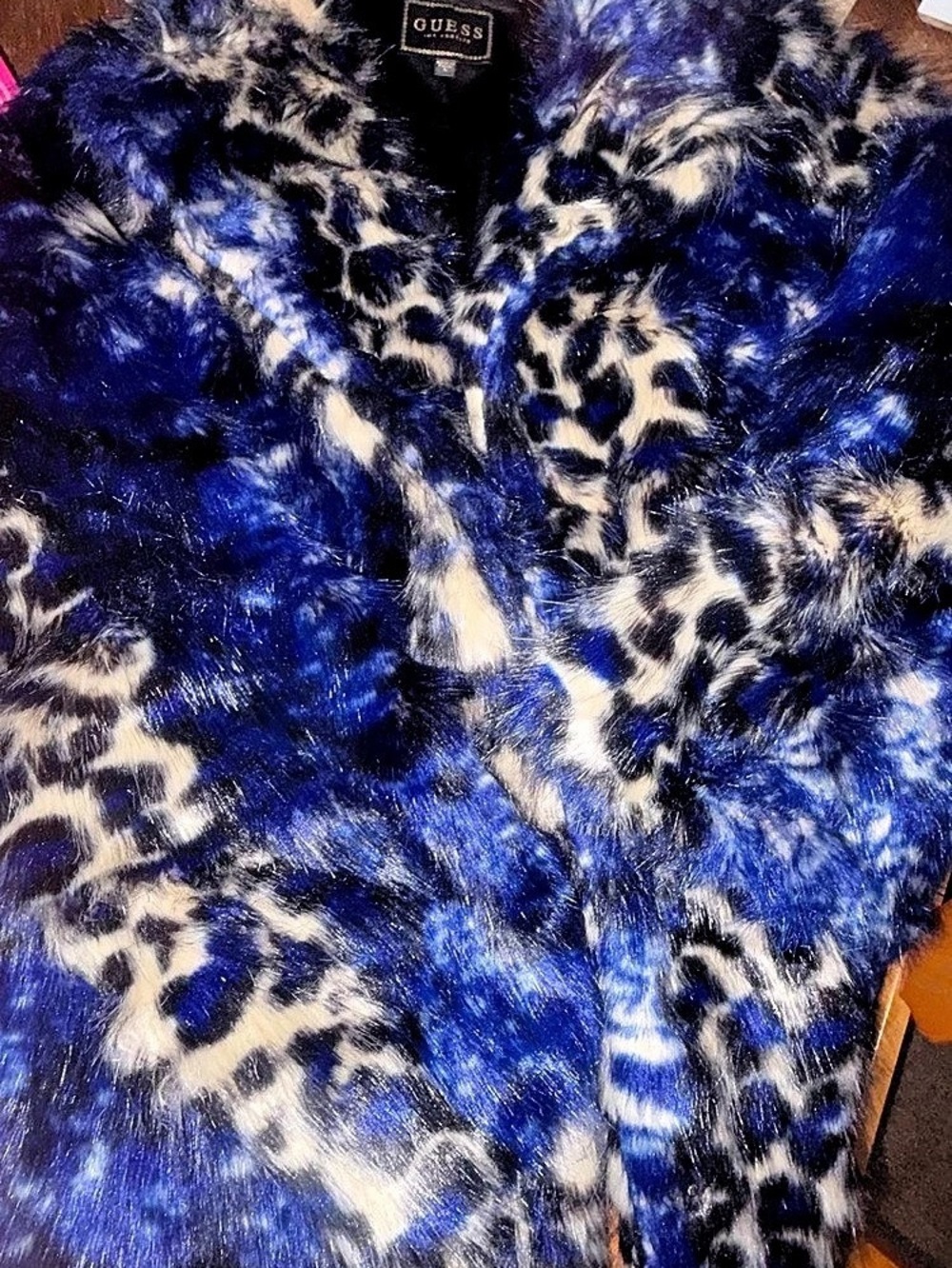 GUESS Blue & White Animal Print Faux Fur Jacket